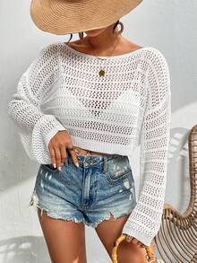 Breezaya 純色鏤空針織毛衣套頭衫 - 白色 - 查看 5
