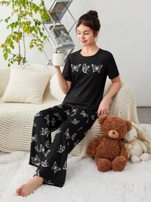 SHEIN 青少女針織蝴蝶印花t恤和長褲家居套裝 - 黑色 - 查看 1