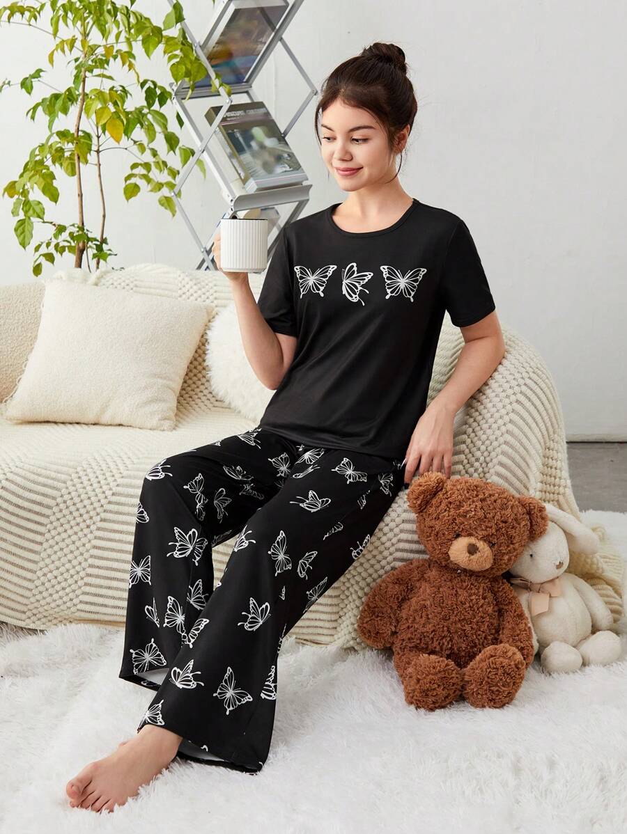SHEIN 青少女針織蝴蝶印花t恤和長褲家居套裝 - 黑色 - 查看 1