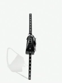 SHEIN X Lucía Bellido SHEIN SXY 時尚黑色釘扣肩袋，適用於女性，百搭購物袋，街頭酷感包，青少年適用 - 黑色 - 查看 4