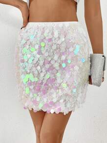 Allurite Women's High Waisted Sparkly Skirt - White - View 6