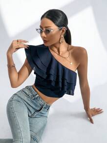 SHEIN Privé Women's Solid Color Asymmetrical Neckline Ruffle Hem Crop Top - Navy Blue - View 4