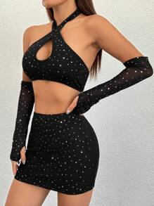 SHEIN PETITE 女士閃亮十字交叉前胸性感兩件套裝