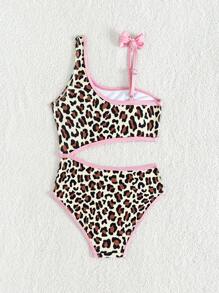 Young Girl One-Piece Swimwear With Leopard Print, Color Block & Contrast Trim Summer Beach - Multicolor - View 2
