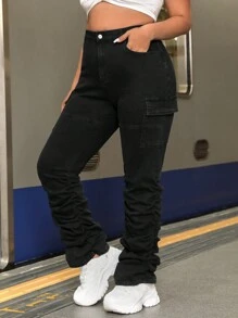 SHEIN ICON Slim-fit-cargo-jeanshose In Übergröße Mit Faltendetails - Schwarz - Übersicht 4