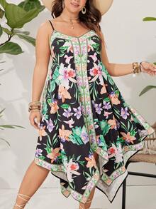 SHEIN VCAY 大尺碼女裝花卉印花不對稱搭扣背心連衣裙 - 彩色 - 查看 4