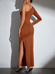 SHEIN Tall 女士一字肩長袖網眼插入修身連身裙 - 棕色 - 查看 2