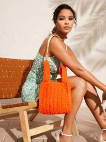 SHEIN VCAY Bolso De Mano Versátil De Color Sólido Para Mujer - Naranja - Ver 1