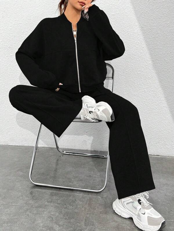 Flirla Women Street Style Camouflage Maple Leaf Print Zipper Sweatshirt & Pants Set For Autumn/Winter