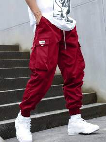 Manfinity LEGND Loose-Fit Men's Plus Size Alphabet Patched Cargo Pants - Burgundy - View 1