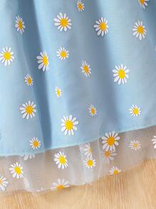 SHEIN Girls' Spaghetti Strap Daisy Print Mesh Vacation Dress - Blue - View 6
