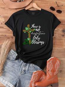 SHEIN EZwear 標語和圖案短袖t卹 - 黑色 - 查看 1