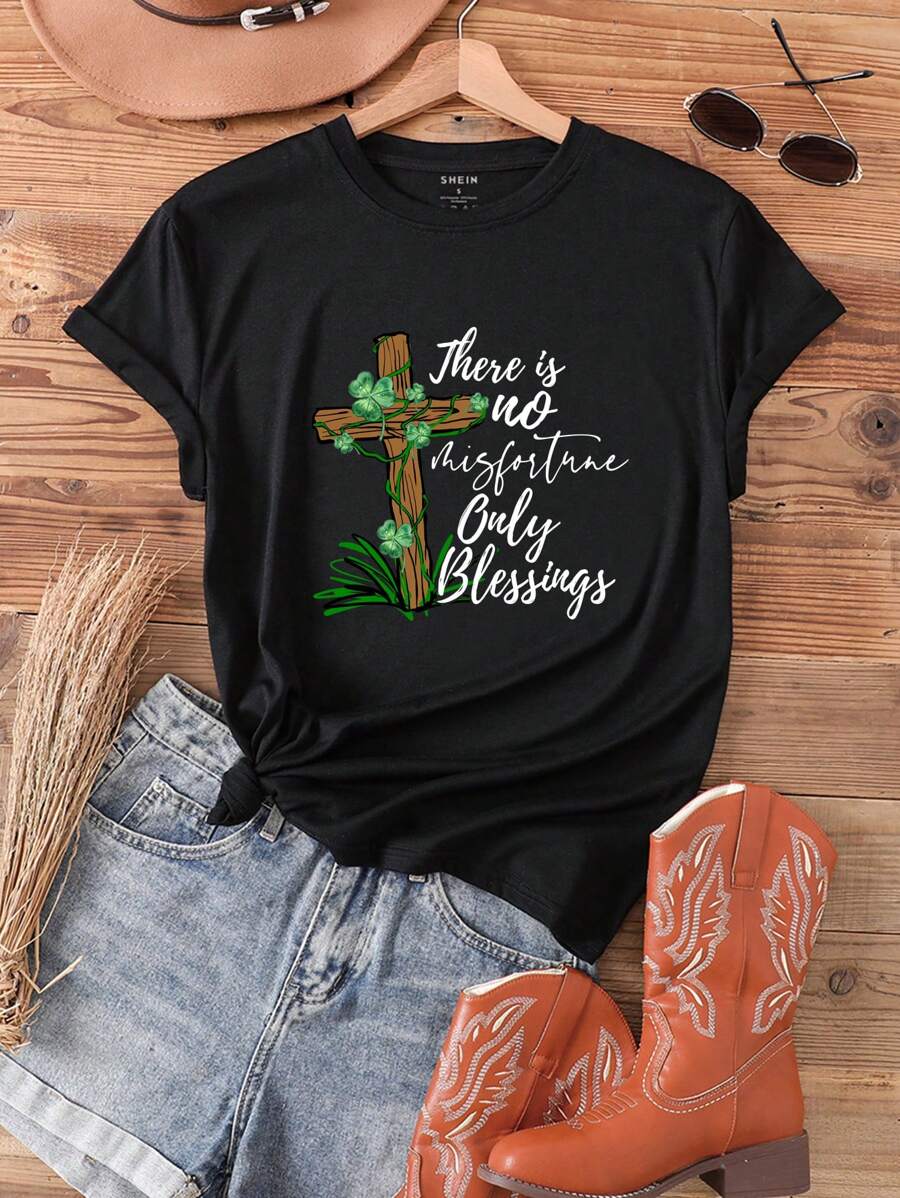 SHEIN EZwear 標語和圖案短袖t卹 - 黑色 - 查看 1