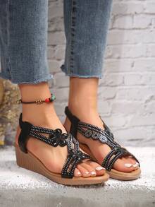 New Women's Fashionable Rhinestone Decor Wedge Heel Thick Sole Comfortable Sandals - Black - View 2