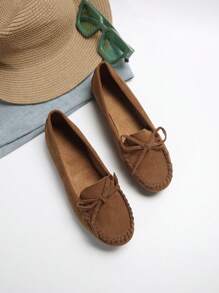 2025 Autumn Women's Suede Loafers With Bowknot, Comfortable Round Toe Flat Shoes Valentines - Brown - View 6