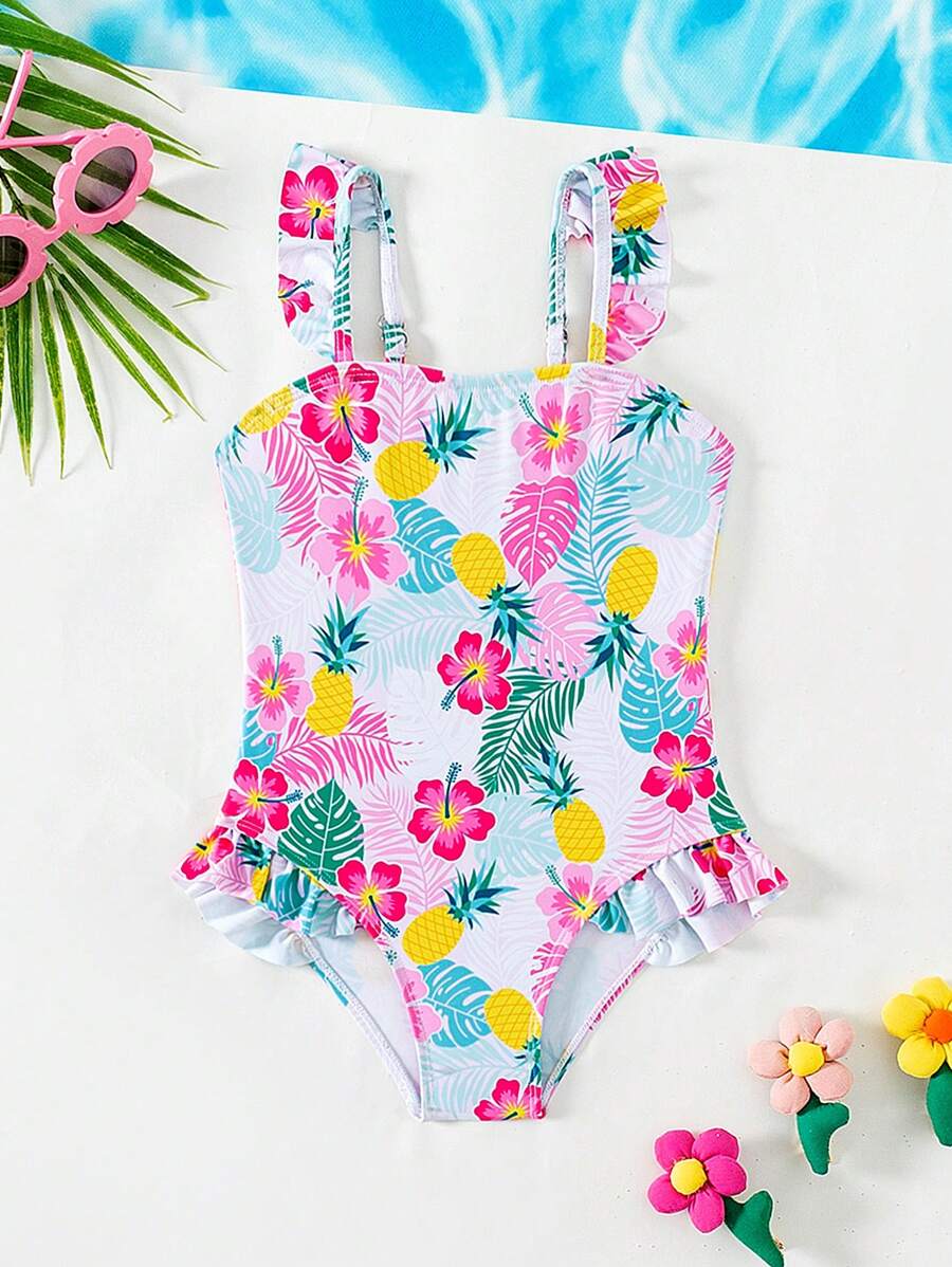 VERTBAUDET Maillot De Bain 1 Pièce Imprimé Tropical Fille - Volants Et Nœud Girly Pour Les Vacances