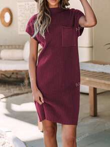 Ruby Patch Pocket Casual Ribbed Knit Short Sleeve Dress