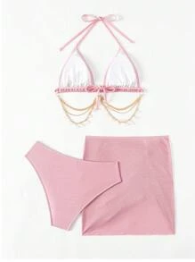 Swim SXY 夏季海滩女士吊带比基尼套装带链条装饰