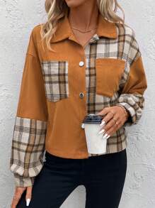 SHEIN LUNE Women's Lapel Collar Splice Jacket - Brown - View 6