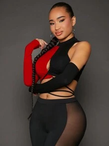 SHEIN SXY 女士黑色和紅色對比色空心短上衣,附袖子束帶 - 紅色和黑色 - 查看 6