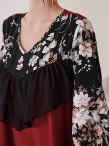 Al Najma Women's Floral Print V-Neck Long Sleeve Color Block Dress