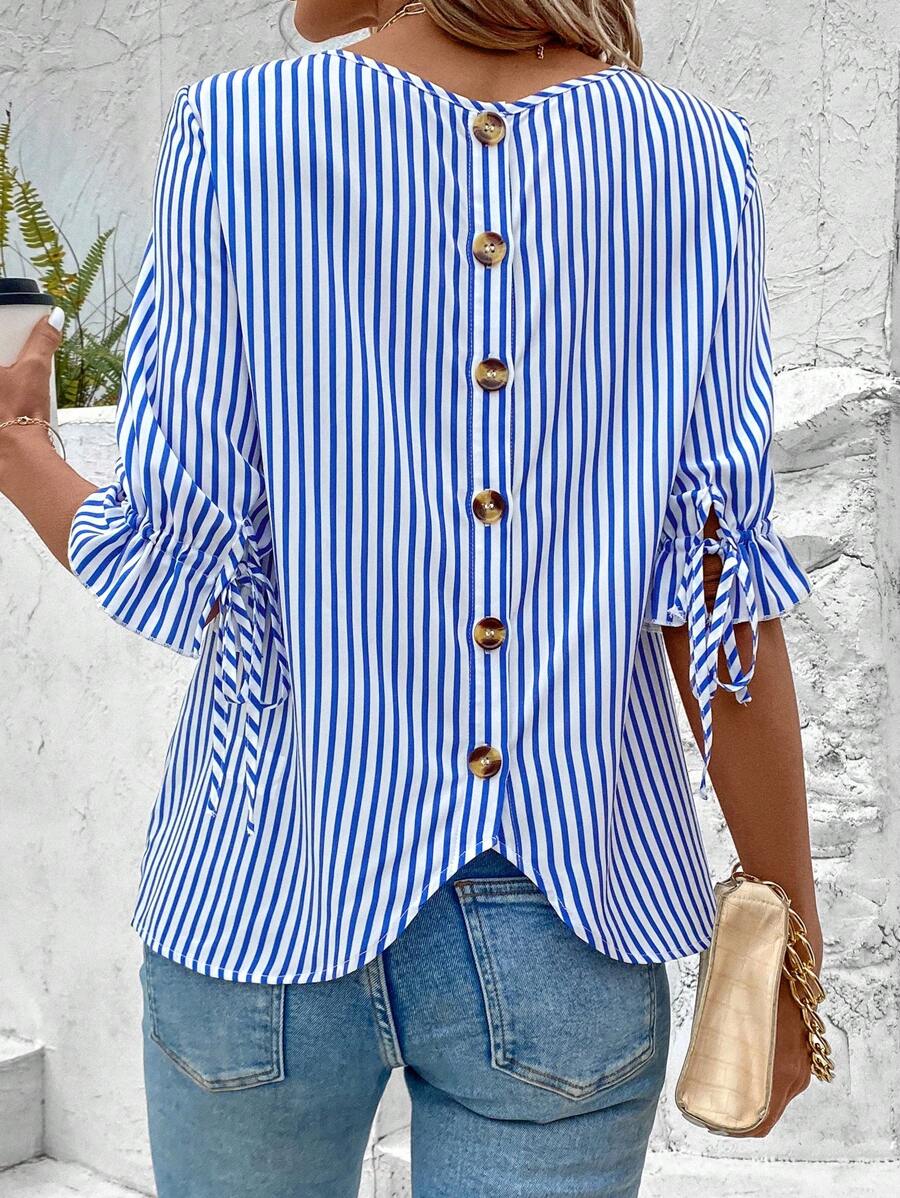 EMERY ROSE Women'S Striped Blouse With Button Decoration On Back - Blue and White - View 1