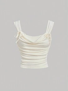 SHEIN MOD 女士v領打結細節無袖復古上衣,適用於外出社交 - 杏色 - 查看 1