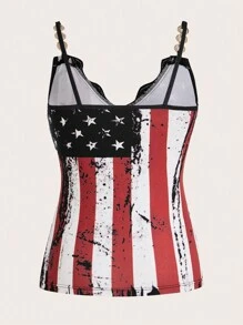 SHEIN LUNE Striped Star Print Lace Splice Cami Top Graphic Tees Women Tops