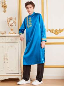 SHEIN Teen Boy's Mandarin Collar Imitation Gold Foil Printed Satin Robe And Pants Set - Multicolor - View 4