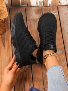 Women's Lightweight Knit Sports Sneakers, Anti-Slip Striped Decor, Breathable Fabric Lace-Up Low-Top Shoes With Soft Non-Slip Soles, Suitable For Casual And Active Wear - Black - View 3