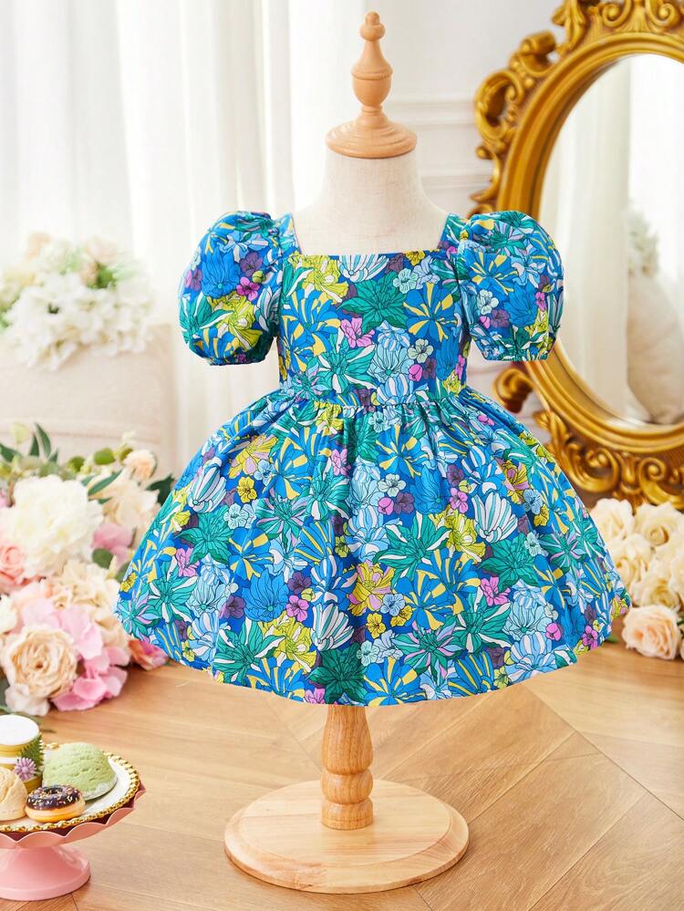 Baby Girls' Casual Square Neck Bubble Short Sleeve Dress With Floral Pattern