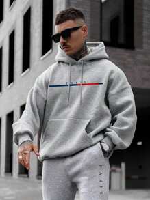 Men's Hooded Casual 2pcs/set With Text Print - Grey - View 1