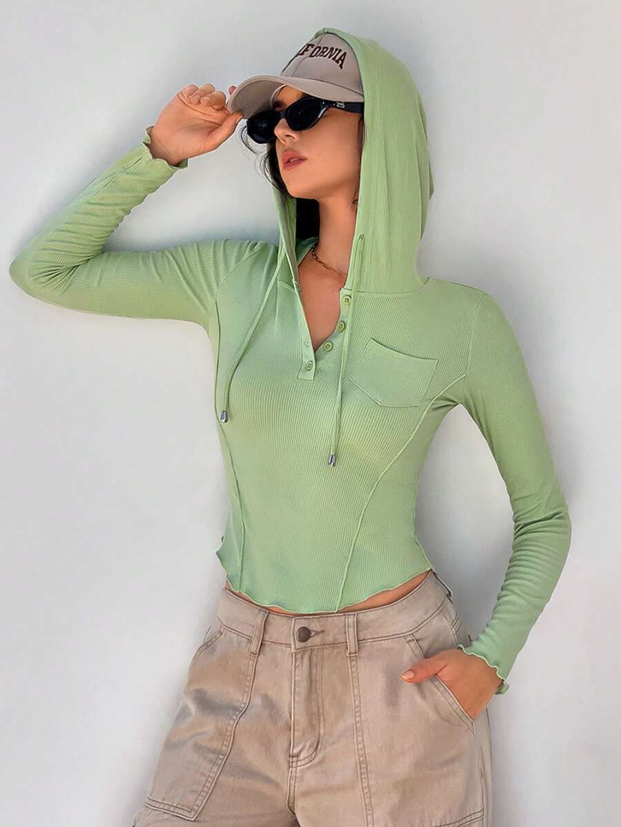 Aveloria Women's Plain Color Button Half Placket Drawstring Hoodie Casual T-Shirt, Autumn Fall Cloth For Women - Green - View 1