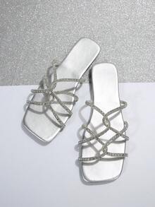 女款銀色鑽石方頭平底涼鞋,適用於休閒夏季/秋季穿搭,時尚百搭 - 銀色 - 查看 5