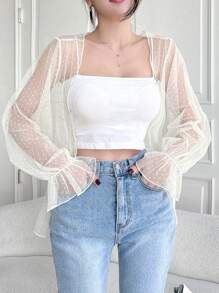 Mesh See-Through Polka Dot Blouse With Flared Sleeves - Apricot - View 3