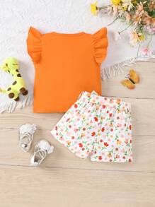 SHEIN Fashionable And Elegant Baby Girls' Cap Sleeve Top With Deer Applique And Flower Print Shorts Set - Orange - View 2