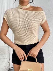 SHEIN Privé 女華夫格針織不對稱領口 T 卹 - 杏色 - 查看 1