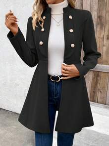 SHEIN LUNE 女用荷葉邊雙排扣大衣 - 黑色 - 查看 6