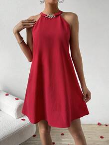 Chiquease 女款純色掛脖連身裙 - 紅色 - 查看 6