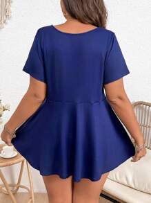 SHEIN LUNE Camiseta De Talla Grande Con Manga Corta Y Volantes En El Dobladillo - Azul Marino - Ver 2