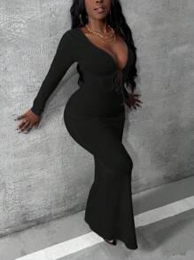 Slaydiva 情人節禮服音樂節假期新年服裝約會優雅性感女孩文化緊身長袖禮服舞會長袍茶會長袖性感半正式長款黑色彈性連衣裙 - 黑色 - 查看 3