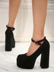 女仙女風高跟鞋防水台麂皮厚底瑪莉珍粗跟高跟鞋春秋鞋 - 黑色 - 查看 7