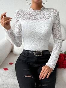 SHEIN Privé Lace Stand Collar Long Sleeve T-Shirt - White - View 2