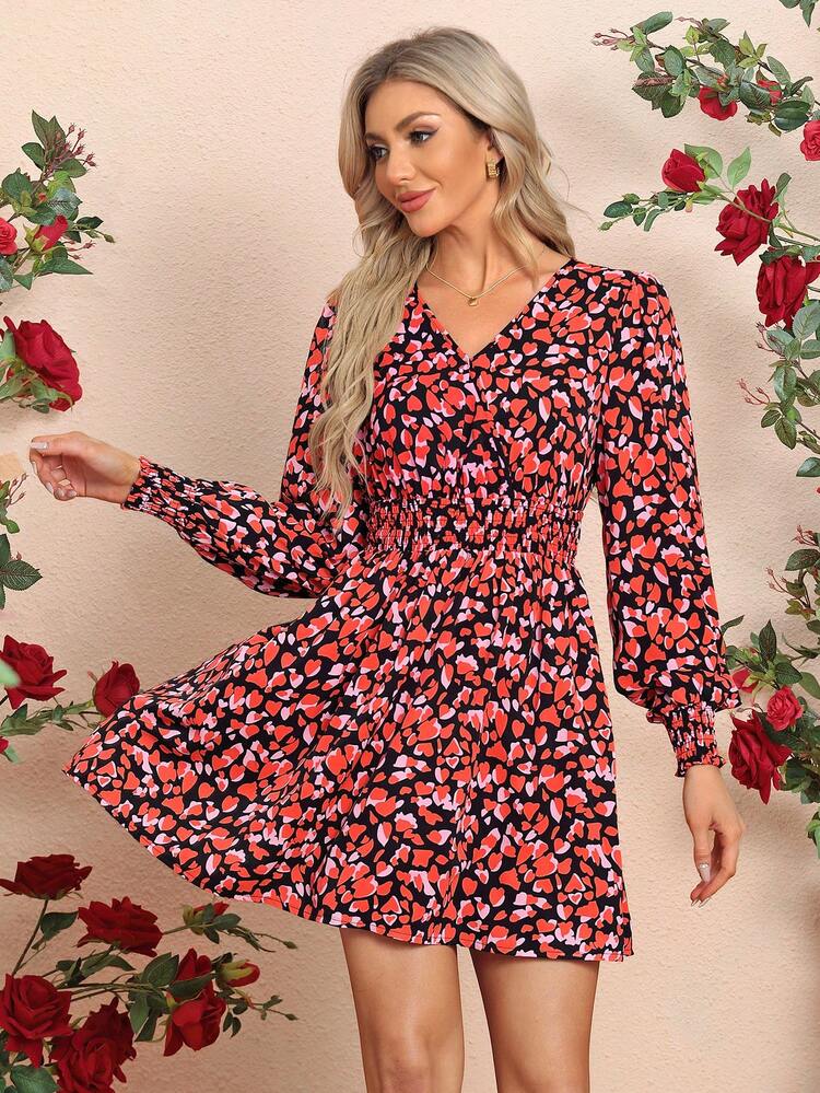 Women's Full Printed Heart Design Waist Cinching A-Line Dress