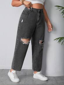 SHEIN EZwear Kích thước lớn Của phụ nữ Đau khổ Denim mùa giặt Denim Quần jean Tapered - Xám - Xem 4
