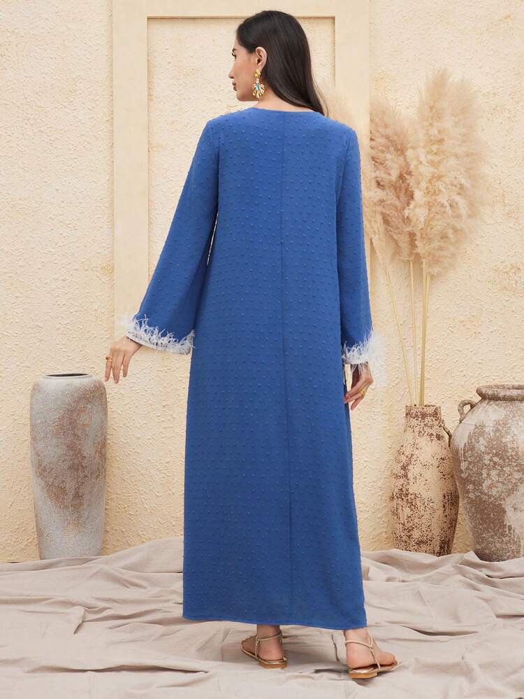 Feather Trim Bell Sleeve Swiss Dot Dress