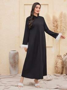 Al Najma Women'S Stand Collar Dress With Furry Sleeve Cuffs Kaftan Jalabiya Dress - Black - View 5