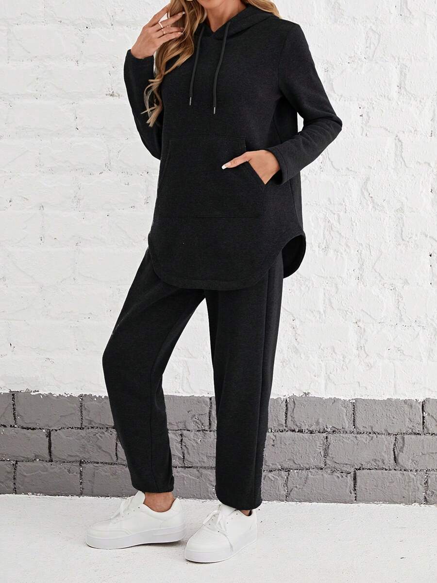 EMERY ROSE Women's Drawstring Hoodie T-Shirt And Pants Two-Piece Set - Black - View 1
