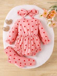 SHEIN Baby Girl Heart Print Bodysuit With Headband And Socks Set - Pink - View 2