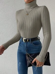 EURMUSE Women's High Neck Long Sleeve Pullover Sweater - Mocha Brown - View 3